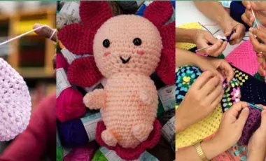 crochet samples and hands doing crochet