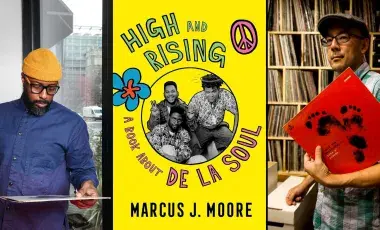Guests Marcus J. Moore and Oliver Wang are shown looking at vinyl records. Between them is the cover of High and Rising, which is bright yellow with the rap trio in black and white.