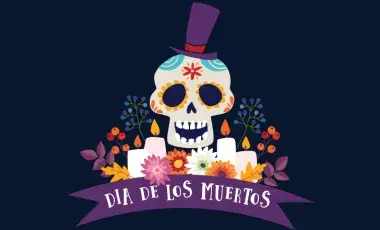 A colorful sugar skull with a purple top hat, surrounded by flowers and candles, above a banner reading "Día de los Muertos" on a dark background