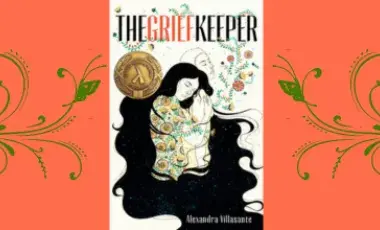The Grief Keeper book cover in center, flanked by orange panels with green vines