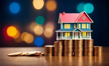 A small house model painted green with a red roof sits on top a stack of coins.