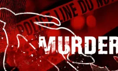 The picture has murder written in capital letters and a crime scene body outline on the red background
