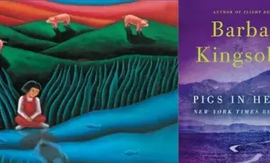 art of young person in a field with pigs and pigs in heaven book cover