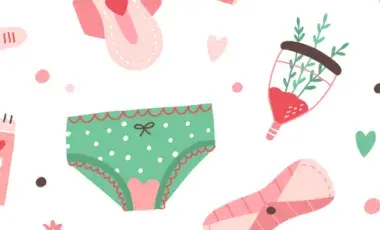  images of underwear and various period products in green and pink on a white background