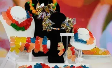 necklace, bracelets, and earings made out of different varieties of candy.