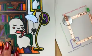 A ghost illustration is being pressed to reveal a light up component beside an example of the circuitry beside it.
