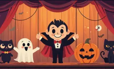 Cartoon graphic featuring various Halloween characters