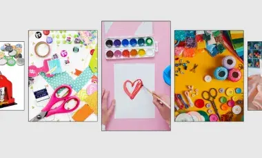 A variety of craft activities including button makers, collage supplies, and sewing machines