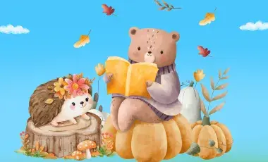 A bear sitting on a pumpkin reading to a hedgehog in nature.