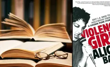 A stack of books and a pair of reading glasses celebrate reading. Next to the stack of books is the cover of Violence Girl, which shows author and singer Alice Bag singing into a microphone with determination and anger. 