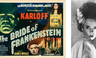 Image of the poster for The Bride of Frankenstein and a portrait of Elsa Lanchester as The Bride