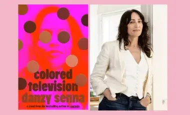 To the left is the cover of the book Colored Television, featuring the silhouette of a woman's face in red on a magenta background. To the right is a photo of Danzy Senna wearing a white top and blazer.