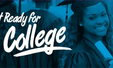 Get ready for college text with students on a blue background