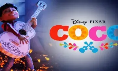 A young boy is playing his guitar next to the movie's logo.