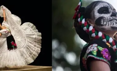 two women dressed in traditional Mexican baile folklorico for dia de muertos theme.