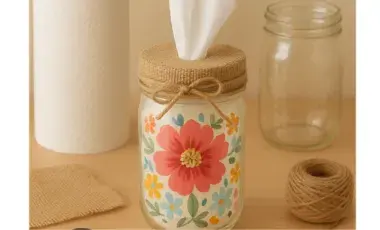 Mason Jar Tissue Holder with an orange flower design