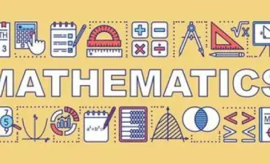 Yellow mathematics banner with math-related icons.