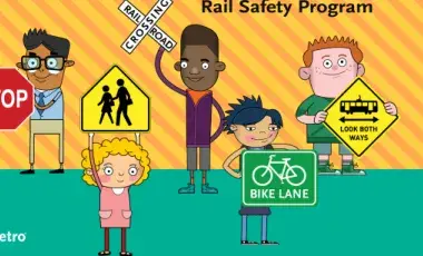 Various graphic characters hold up railway signs against a yellow striped background.