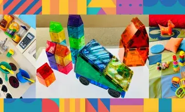 Play kitchen, Magnatiles on a light board and baby toys