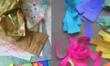 Paper artfully designed is presented in many forms, including torn and shredded.
