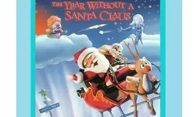 Santa in his sleigh and Rudolph the red nosed reindeer fly past Heat Miser and Snow Miser battling each other