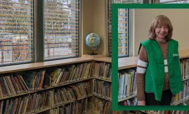 Photo of the picture book shelves at the Palms-Rancho Park Branch with an inset portrait photo of Rona