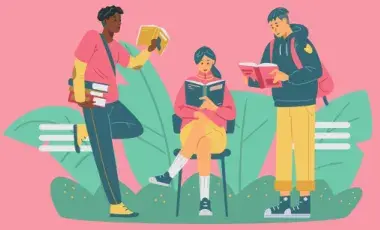 An illustration of three teens reading a book.