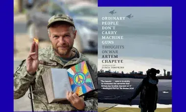 Author Artem Chapeye in military uniform alongside the cover of his new book