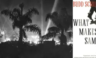 Kleig lights in Hollywood alongside an image of the bookcover
