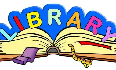 open book graphic with text that reads library