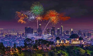 Los Angeles Skyline with Fireworks. 