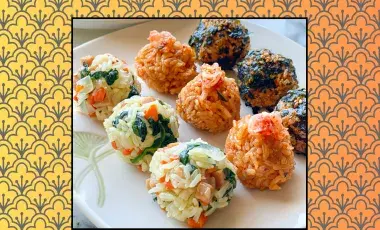 Three rows of three different types of rice balls on a gradient background that goes from yellow to orange with a Asian patter around the image
