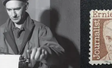 image of Ernie Pyle at typewriter and on stamp