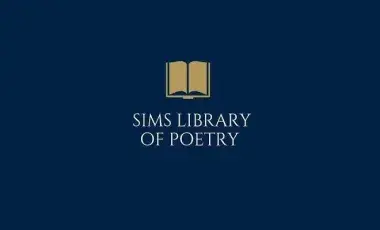 Sims Library of Poetry on a blue background with a golden book 