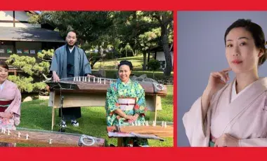 three people playing koto and a person in komono