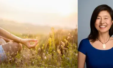 Photo of moderator & of a person meditating 
