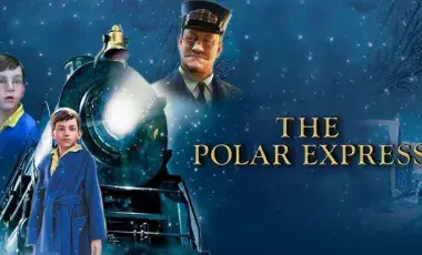 The Polar Express film poster with a boy in a blue robe, a black train and a train conductor