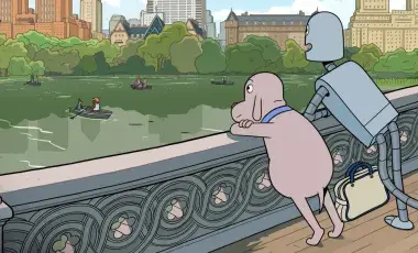 Dog and Robot stand on a bridge overlooking a pond in Central Park