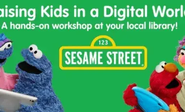 Cookie monster and Elmo with their mothers holding tablets 