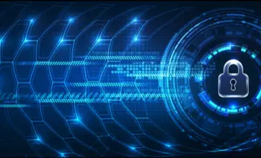 lots of blue electronic looking waves ending in the image of a lock