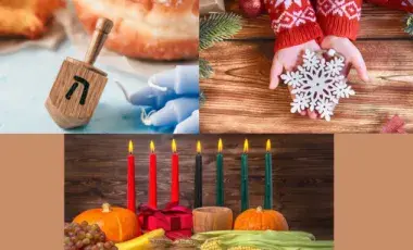 Dreidel and blue candles, child holding snowflake ornament, Kwanzaa candles behind produce and red gift box