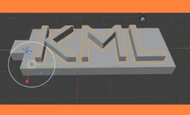 Graphic of the 3d model of keychain with the text KML on it, in Blender