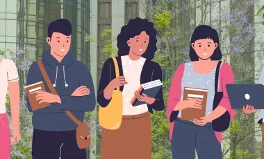 drawing of people on a book walk in front of the library