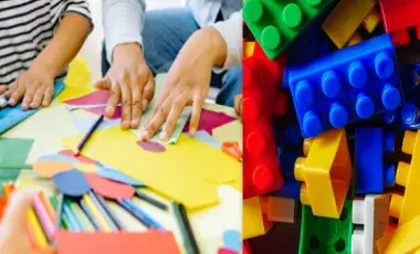 a photo of hands creating art from colorful paper and pencils strewn across a table, next to a photo of colorful plastic bricks