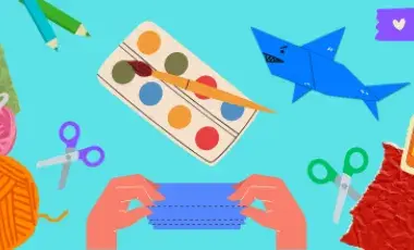 A collage of craft materials such as yarn, glue, scissors, paper, an origami shark and hands folding paper