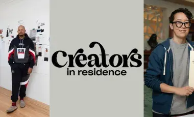 Photo of Ashley Walker in design workspace, Creators in Residence logo, Tien Nguyen holding menu from LAPL collection. 
