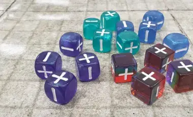 large colorful dice on a tabletop