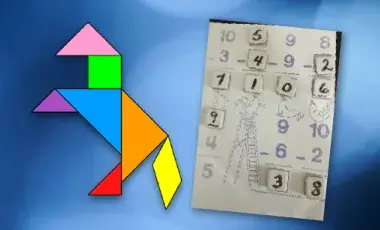 To the left is an image of a horse tangram and to the right is an image of a math worksheet with number tiles completing the equation.