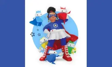 On a blue background is an image of a cartoon woman in a superhero mask and costume with four small robot like creatures around her.
