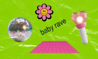 Collage of a disco ball, flowers and a child's play mat